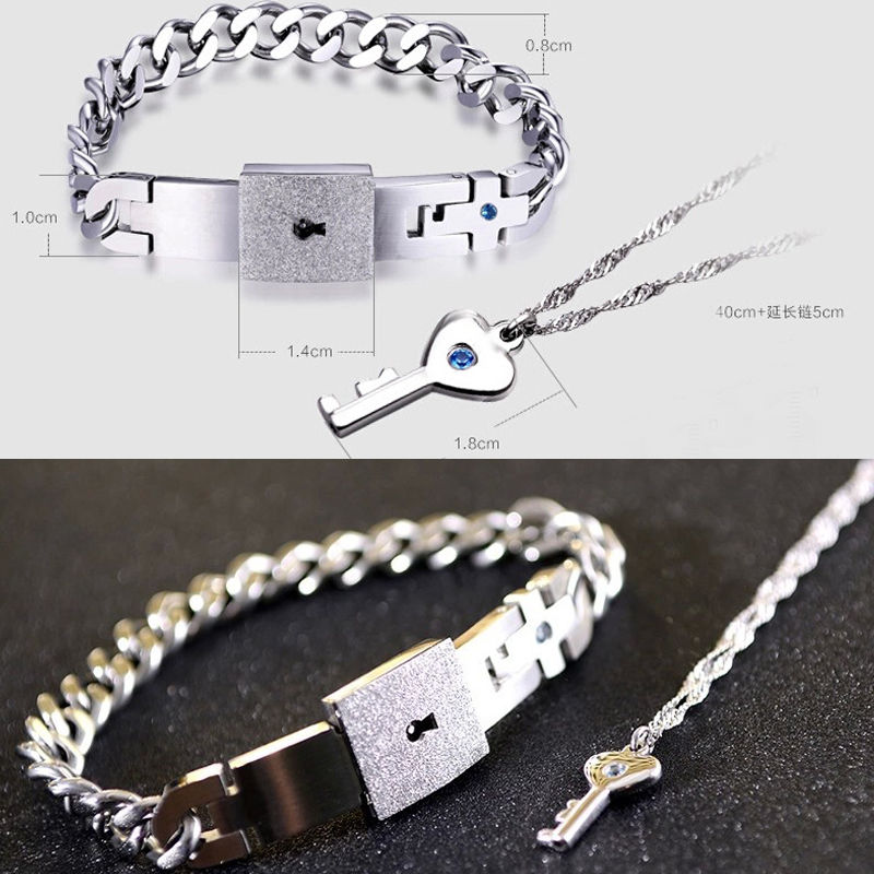 Heißer Paar Titan Stahl Mann Armreif Armband und Frauen Schlüssel Anhänger Halskette Sets Liebe Sommer Stil