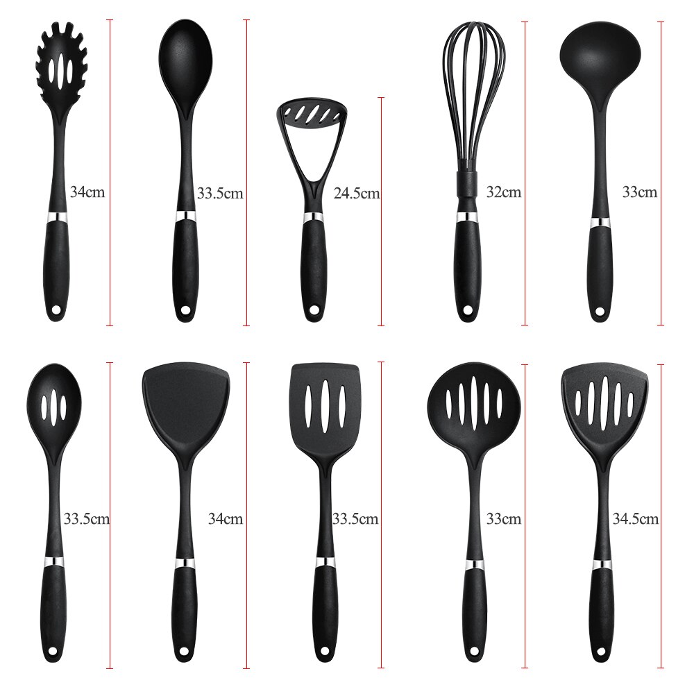 10PCS Cooking Tools Set High Temperature Resistant Nylon Kitchenware Shovel Turners Kit Black Cookware Utensils Kitchen Supplies