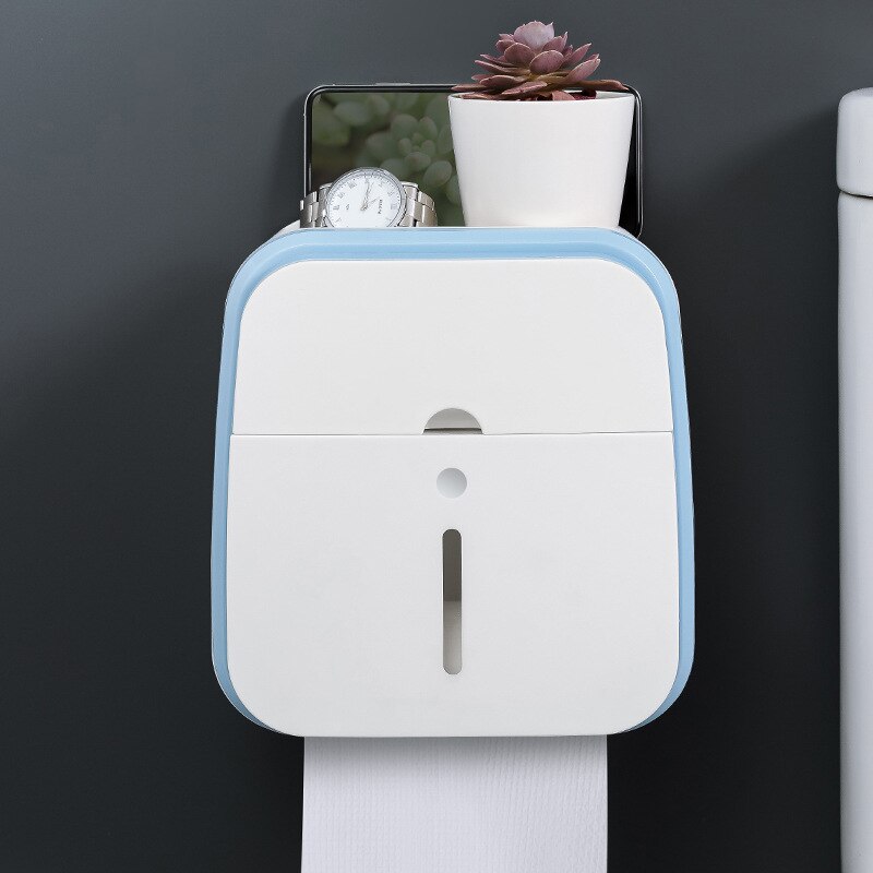 Oneup vægmonteret toiletpapirholder hylde hjem vandtæt toiletpapir bakke rulle dispenser opbevaringsboks badeværelse tilbehør: Blå