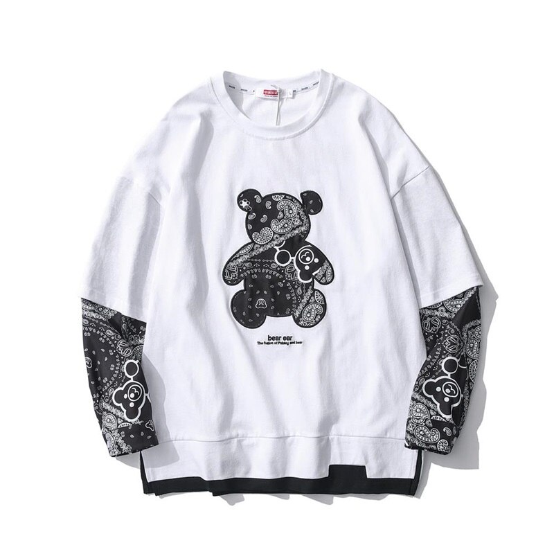 Tide Brand Cashew Flower Bear Japanese Full Sleeved T-Shirt for Men and Women Style Casual Long-Sleeved Couple Tees