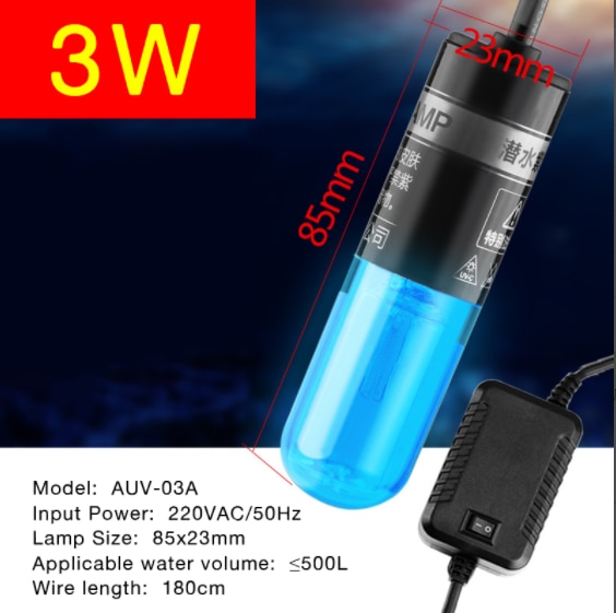 Fish Tank UV Disinfection Lamp Aquarium Sterilizer Germicidal Lighting withTiming Waterproof Bright Aquarium Sterilizer Lamp: AUV-03A 3W