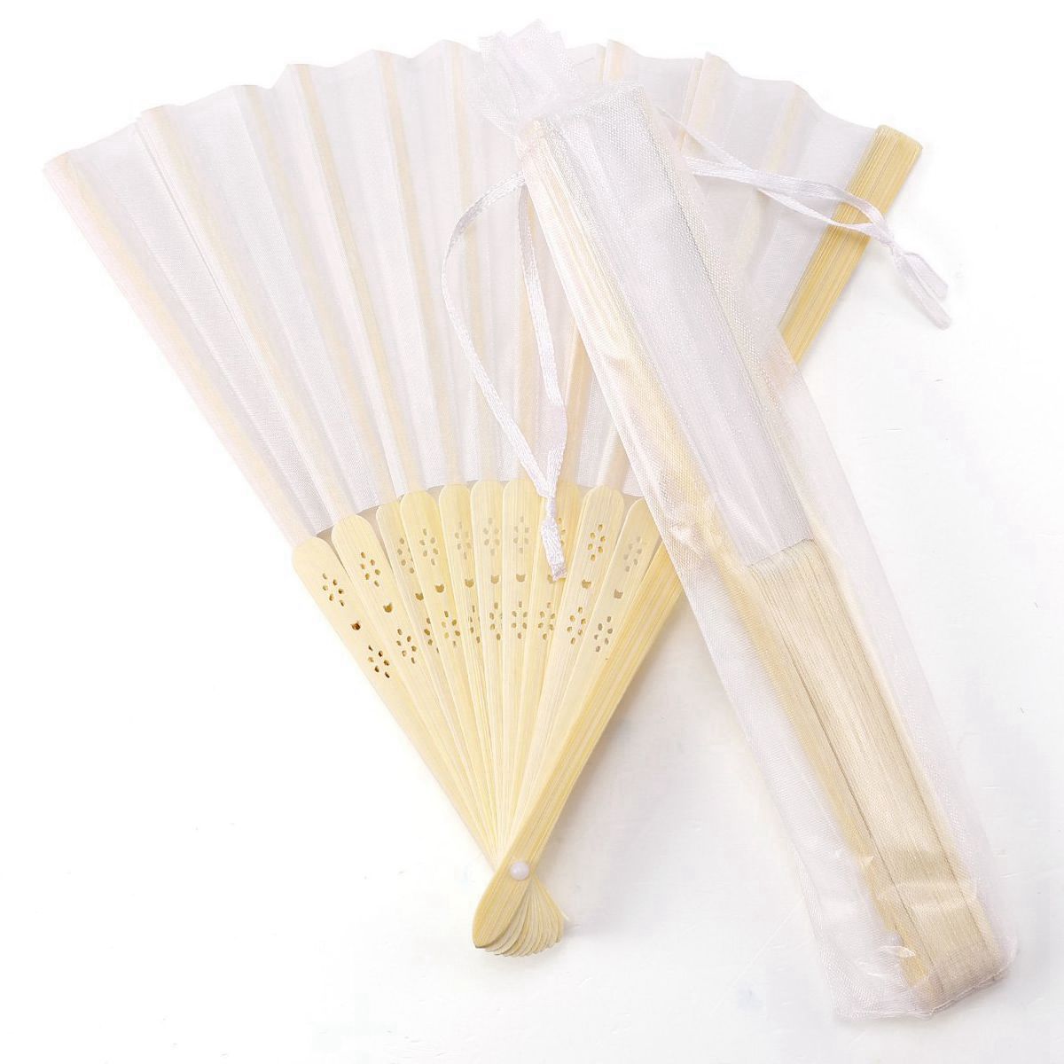 24 pcs/lot White Folding Silk Hand Fan with bag Wedding &amp; Party 21cm