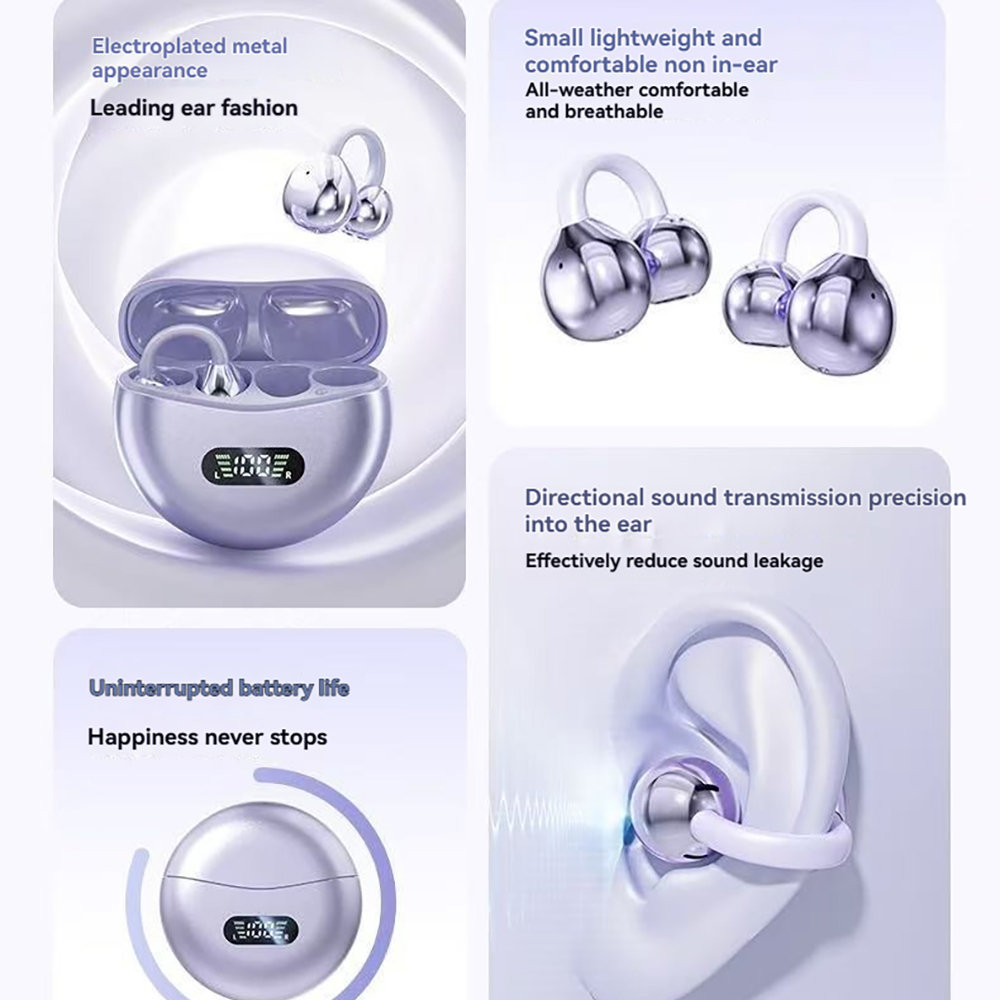 Open Ear Clip Wireless Headphone Blue Tooth 5.4 Earbuds Sports Waterproof Earphones HD Call With Charging Case LED Power Display