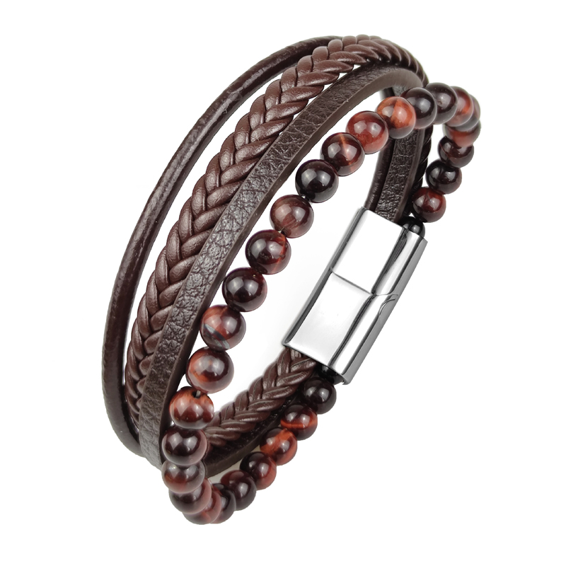 Pulseira de couro trançado para homens vintage, 4 tamanhos de tigre, pedra de amuleto, pulseira étnica rústica de aço inoxidável com contas