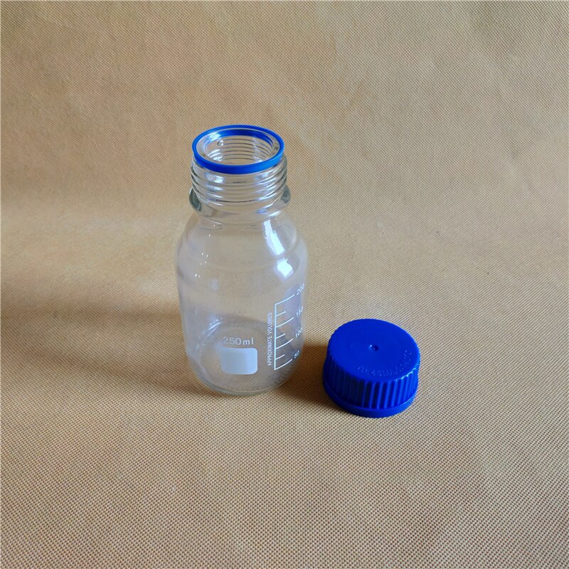 250ML Reagent Bottle,graduated storage bottles with GL45 blue screw-cap,clear glass bottle