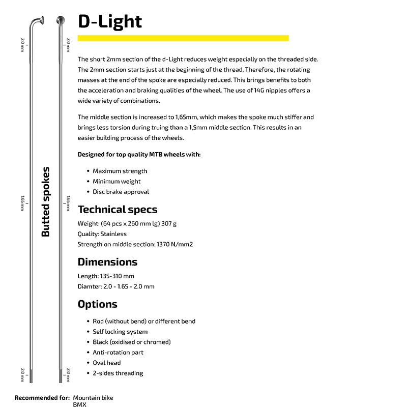 Sapim-Radios d-light para bicicleta de montaña, radios BMX de 1,65 MM, tres tomas, reducción de radios para bicicleta de carretera