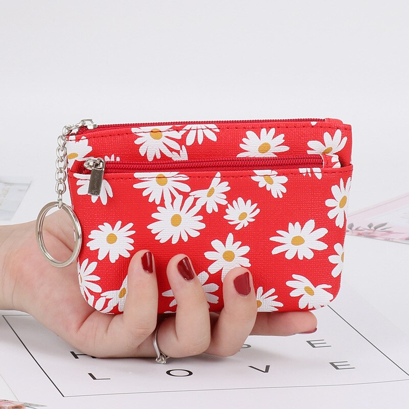 Style Small Daisy Coin Purse Women Temperament Zipper Coin Purse Korean Style Literary Style Portable Durable MiniPouch: A-red
