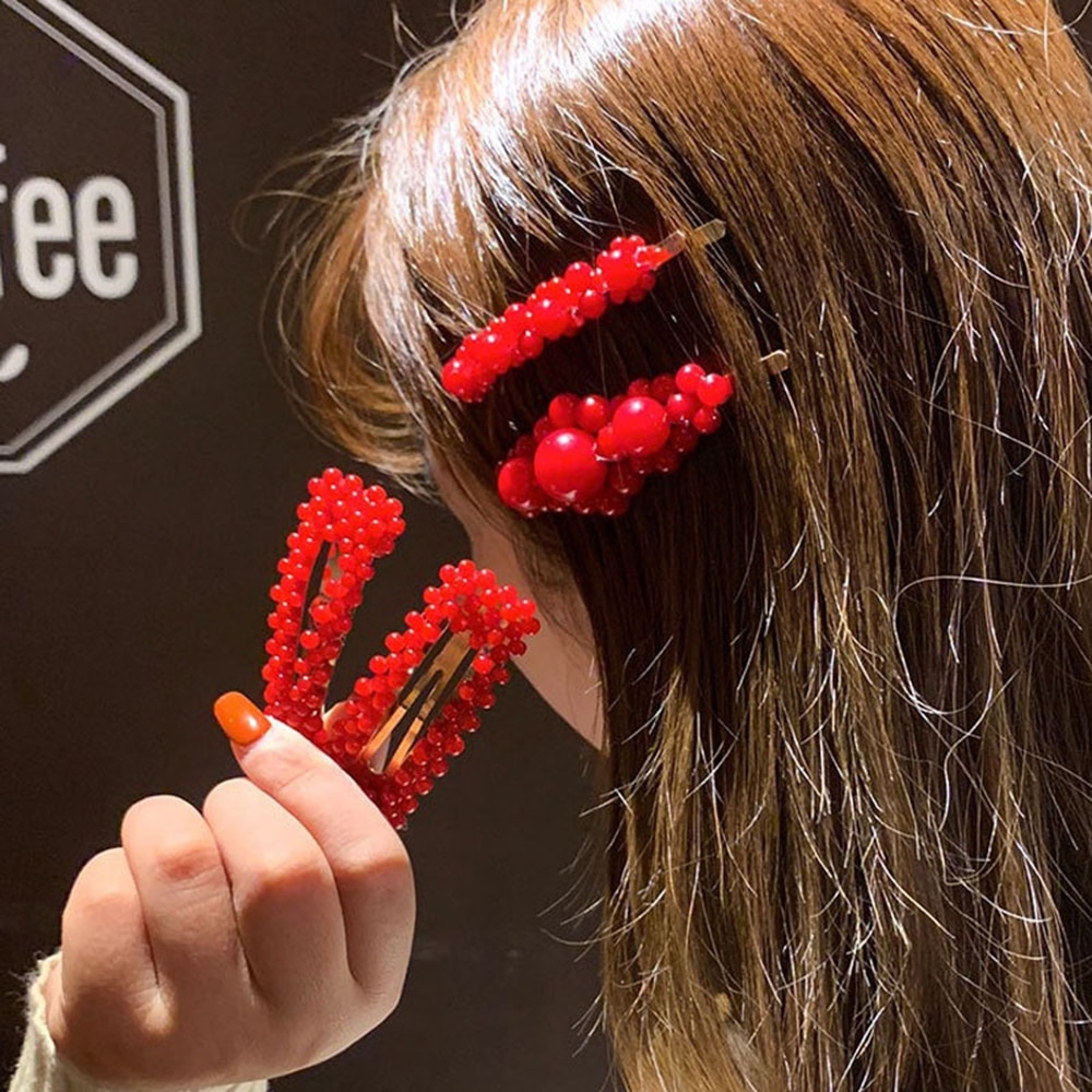 1Pc de rojo Clip de perla para el cabello para mujer coreano broche de pasador de horquilla de barra Accesorios para peinados