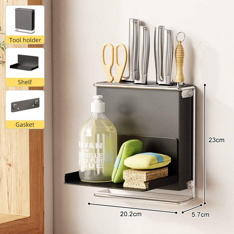 Soporte para cubiertos para encimera de cocina, montado en la pared, sin taladro, cuchillo, organizador de palillos, estante de almacenamiento de drenaje para utensilios de cocina: Borgoña