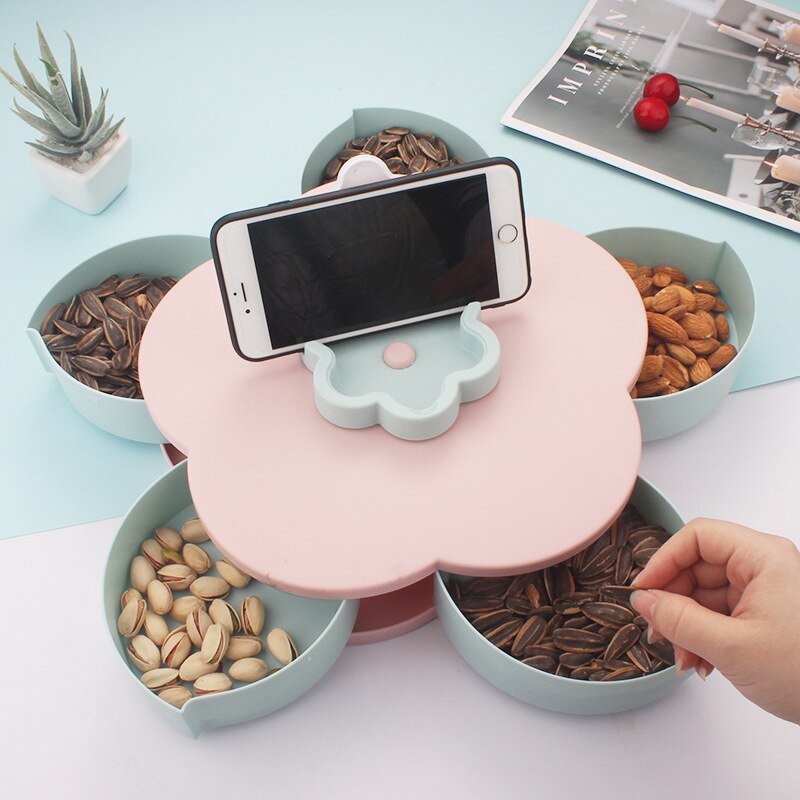 Double Layer Petal Shaped Rotating Candy Box Dish Snacks Tray Five Grid Dried Fruit Case Plastic Container