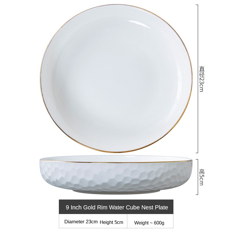 Golden Rim Bone China Dinner Plate Household White Deep Plate Ceramic Dumpling Plate Hotel Tableware Kitchen Supplies: 9 inch