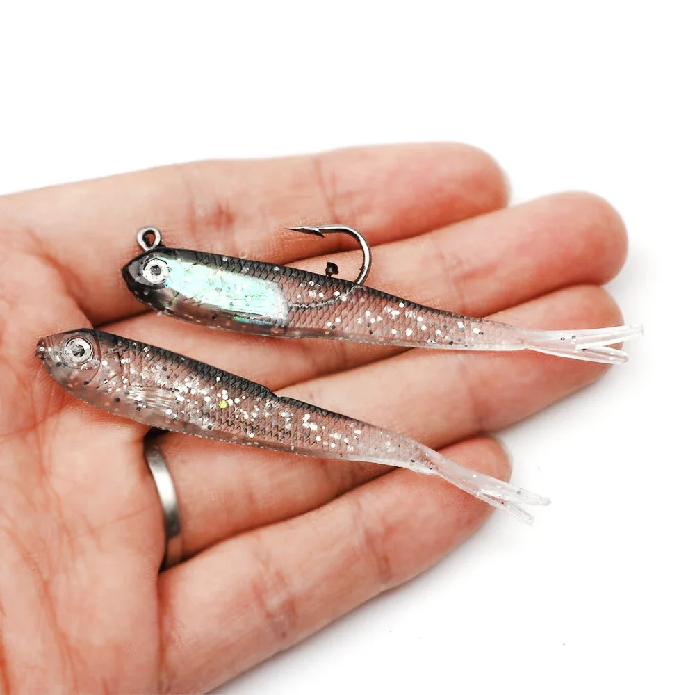 Señuelo suave de 5 uds., 7cm/6g, cola dividida, cebos de natación con anzuelos, cebo de pesca Artificial de silicona para agua salada
