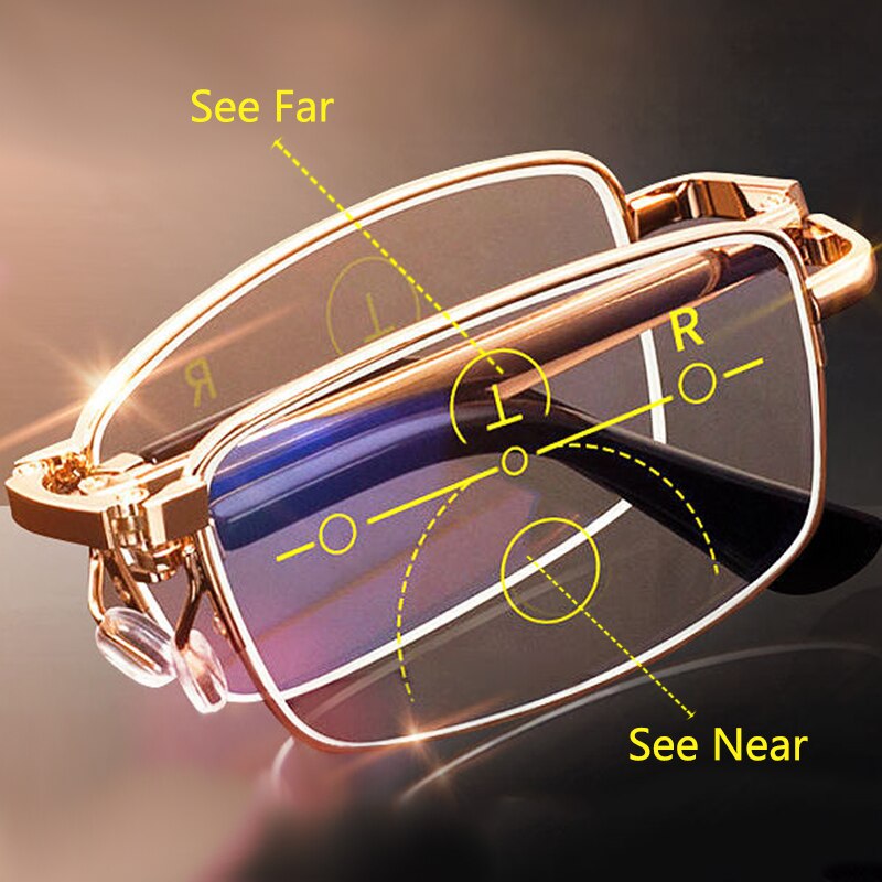 Opvouwbare Bril Draagbare Progressive Leesbril Multifocale Mens Anti-Blue Ray Verziend Brillen Met Leather Case