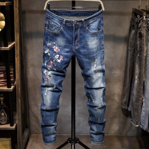 Hommes jean broderie fleur trou déchiré mince Stretch jambe droite Denim pantalon grande taille 38 décontracté fermeture éclair Biker pantalon mâle: 34