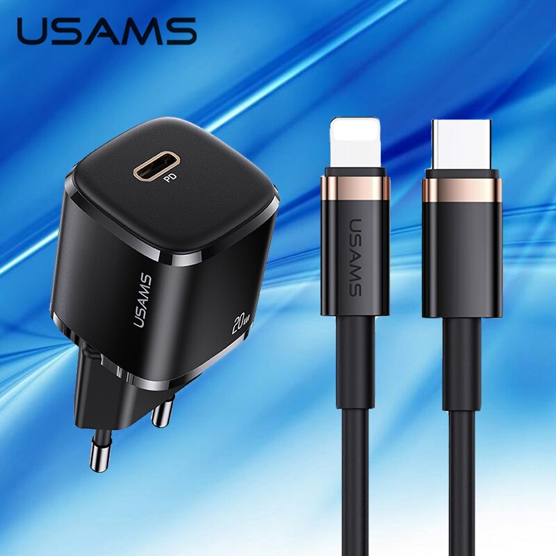 USAMS PD 20W Fast Charger +Type C To Lightning Cable Set For iPhone 12 12 Pro Max Mini QC4.0 QC3.0 Quick Charging Wall Charger: Black set EU