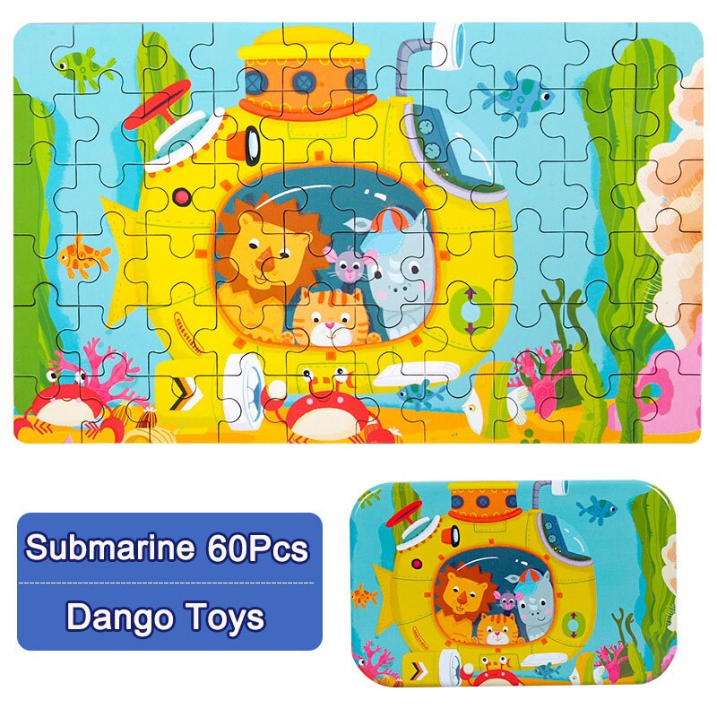 60 houten puzzels, cognitief educatief speelgoed voor kinderen met opbergruimte, blikken doos, kinderen, bezig met bord, houten speelgoed, kerstspelletjes: Onderzeeër