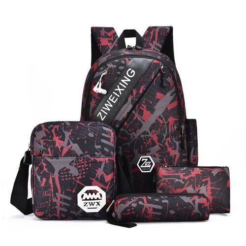 Tiener Waterdichte School Rugzak 4 Stks/set Schooltassen Leuke Camouflage Afdrukken Nylon Hoge-Capaciteit Rugzakken Mochila Escolar: red