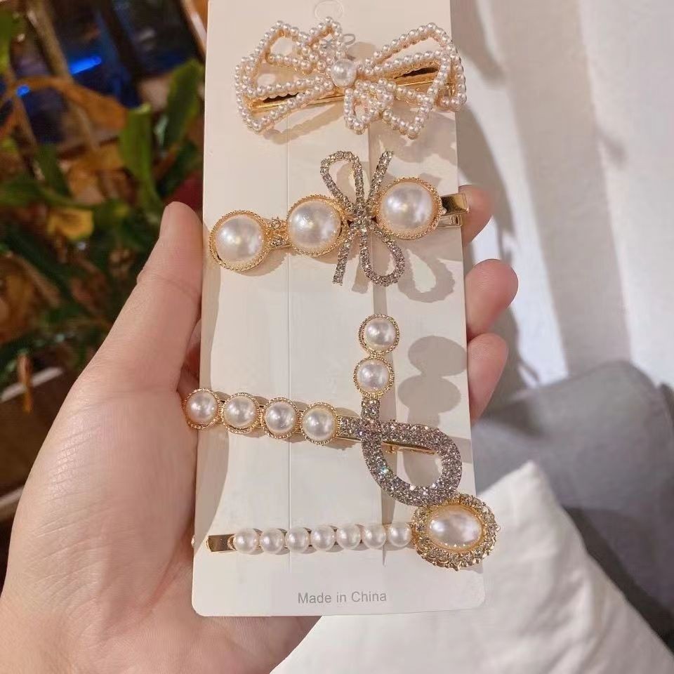 Horquilla de perlas de diamantes de imitación para niña, pasadores laterales de flores brillantes, Clips para el cabello de corazón, accesorios bonitos, 4 piezas: Marfíl