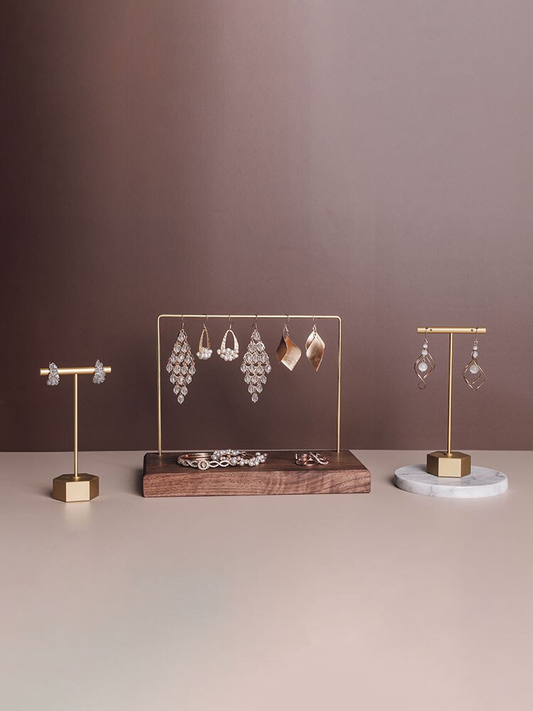 Black Walnut Wood Marble Stone Jewelry Display Holder Earrings Chain Necklace Display Stand Earrings Display Rack