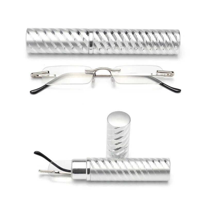 Ienjoy Mini Draagbare Leesbril Kleine Metalen Randloze Verziend Brillen Met Pen Tube Case Mini Lezen Brillen Mannen Vrouwen