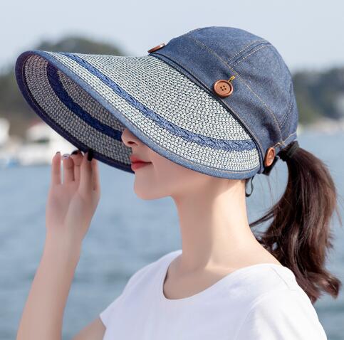 Solhatte kvinder stor bred skygge floppy sommer strand solhat kasket knap stråhat sommerhatte til kvinder anti-uv visir: Farve 5