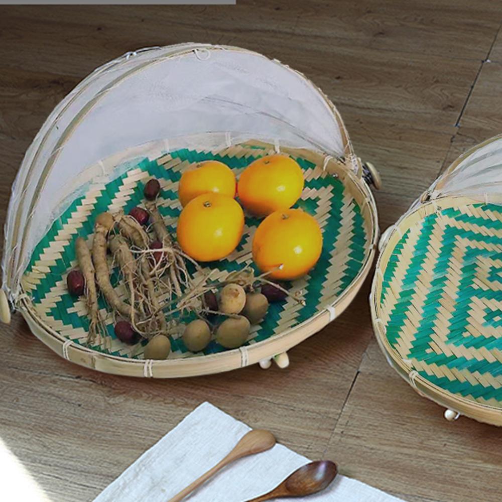 Bamboo Woven Basket Tray Fruit Vegetable Bread Storage Basket Hand-Woven Food Serving Tent Basket Outdoor Picnic Mesh Net Cover