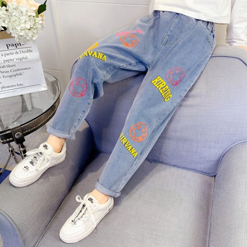 Pantalones vaqueros con Graffiti y nubes para niña, pantalón holgado, con personalidad, para estudiantes