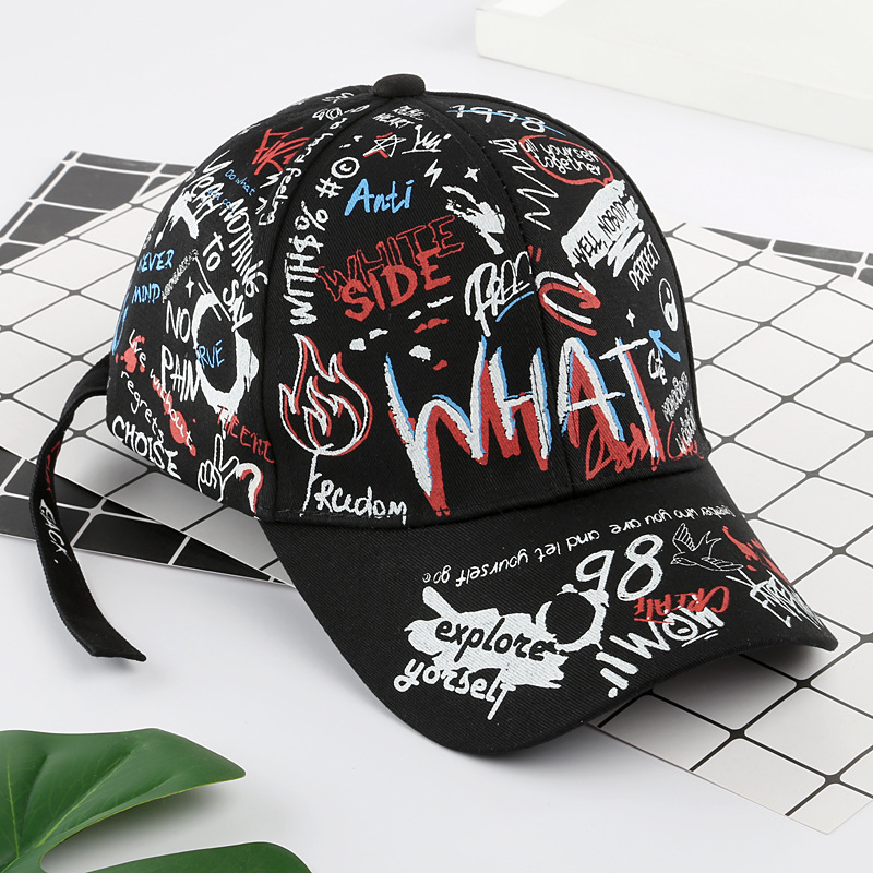 Sleckton 100%  bomulds graffiti baseball kasket til mænd og kvinder hatte unisex afslappet hip hop snapback hat spidse kasketter sommer: Hvad-sort