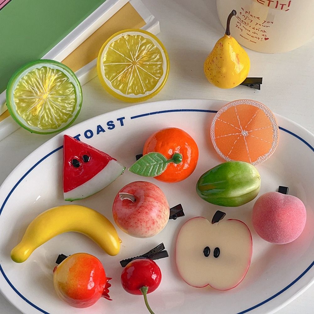 Horquilla de fruta de simulación de cereza dulce, comida falsa de limón, pinza para el pelo bonita, accesorios para el cabello de dibujos animados para mujer, diario