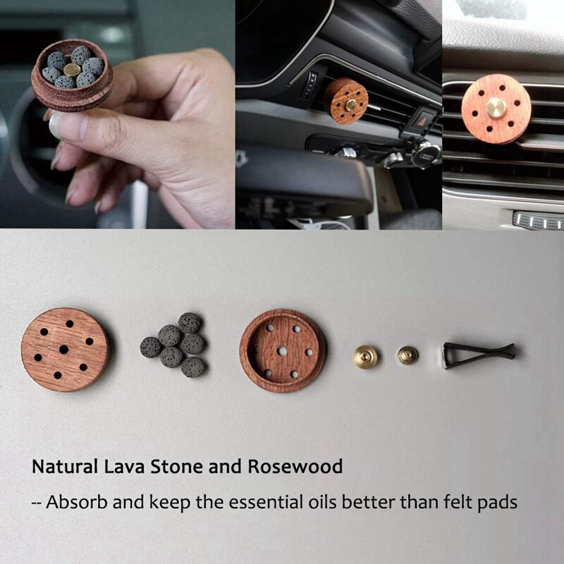 Essential Oil Diffuser For Car With Vent Clip, Wooden Stainless Steel Lava Stone Aromatherapy Diffuser Locket Mini Air Freshener