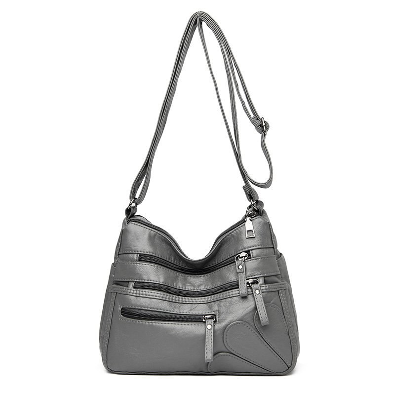 cuir souple sac à main double fermeture éclair sac à bandoulière simple sac de messager tendance multi-poche sac femmes sac marron: gray