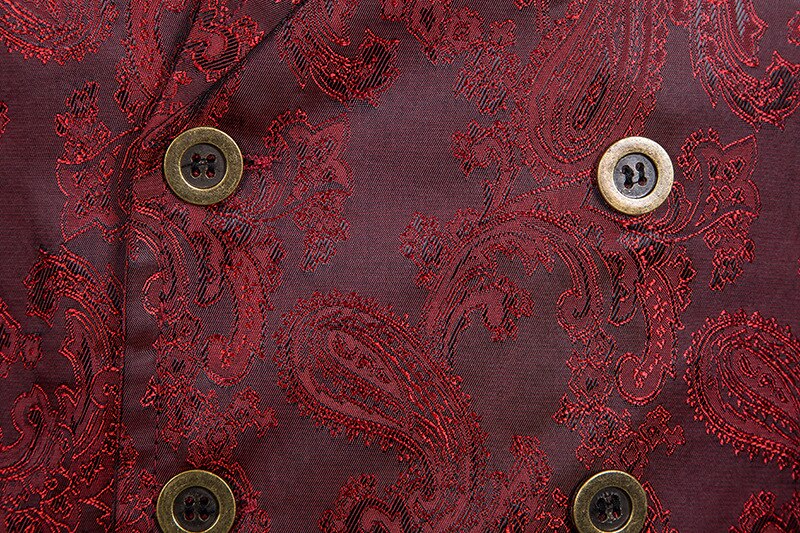 Wijn Rood Paisley Jacquard Mouwloze Lange Vest Mannen Double Breasted Revers Brocade Vest Mens Gothic Steampunk Tailcoat