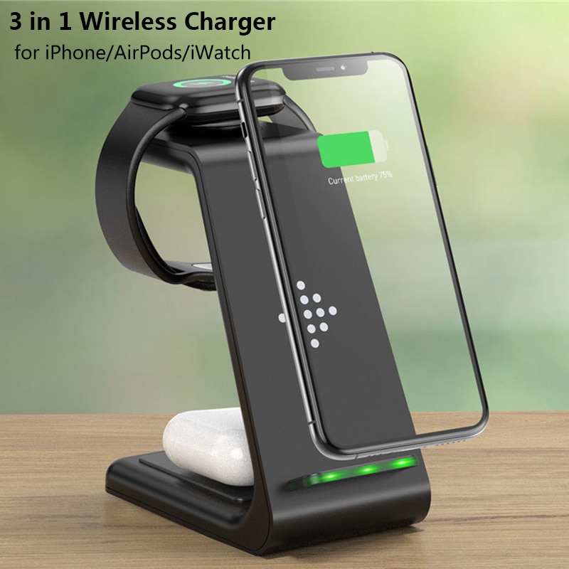 USLION 3 In 1 Wireless Charger Fast Charge For iPhone 11 Pro Charger Dock For Apple Watch Airpods Pro 10W Wireless Charge Stand