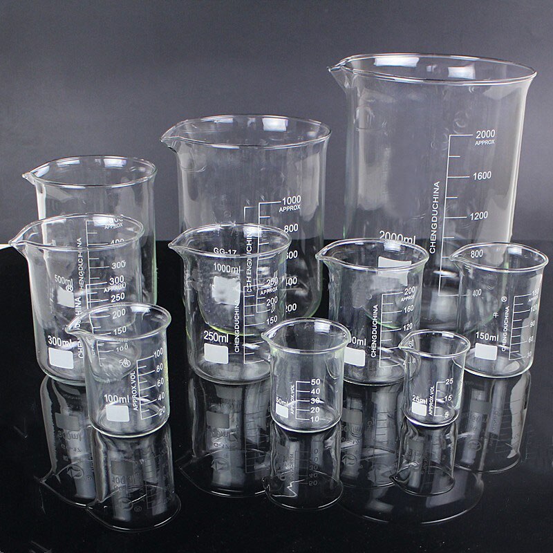 Vaso de laboratorio de 25ml a 1000ml, frasco de vaso transparente de vidrio para laboratorio de química, espesado con boquilla, 1 lote