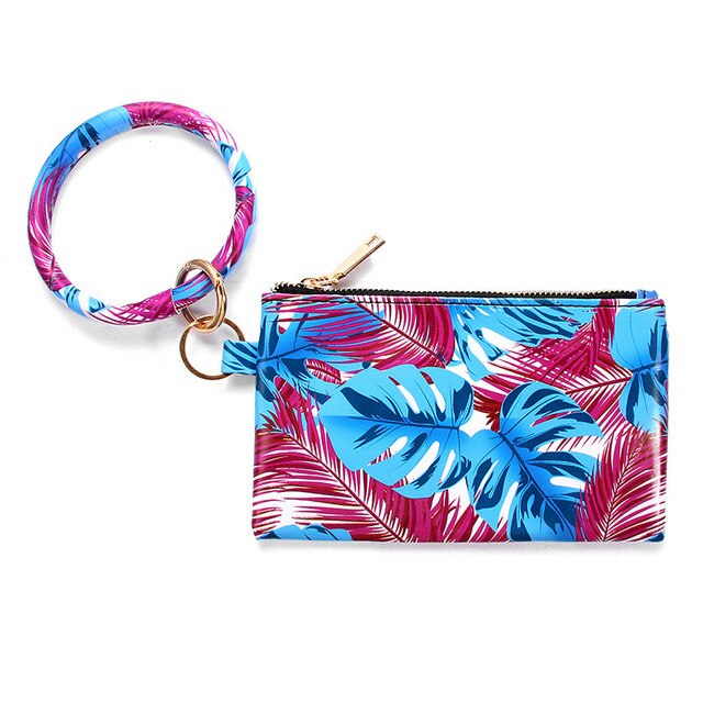 Multi-purpose Pu Leather Flower Leopard Printed Phone Wallet O Key Rings Women Wristlet Bracelets Key Chain: A