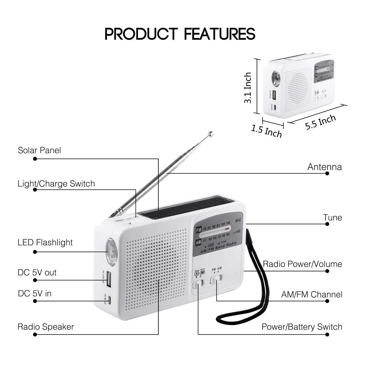 Emergency Radio with Solar and Hand Crank Self Powered, Battery USB Recharging FM/AM Radio LED Flashlight Phone Charger