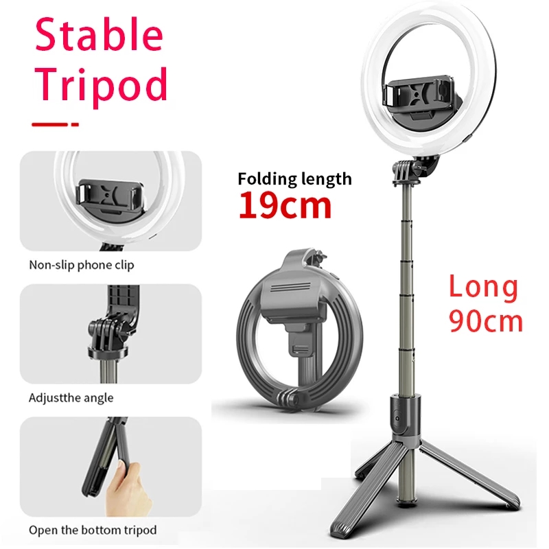Selfie Stick Tripod - 90cm Extendable - Bluetooth Remote - 5in LED Ring Light - Aluminum & PC