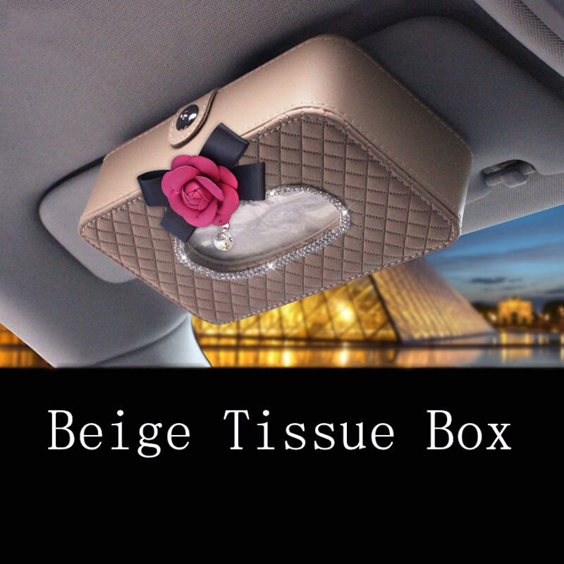 Camellia Rhinestone Car Sun Visor Type Car Tissue Box Holder Leather Diamante Interior Floral Paper Towel Storage Accessories: rose beige