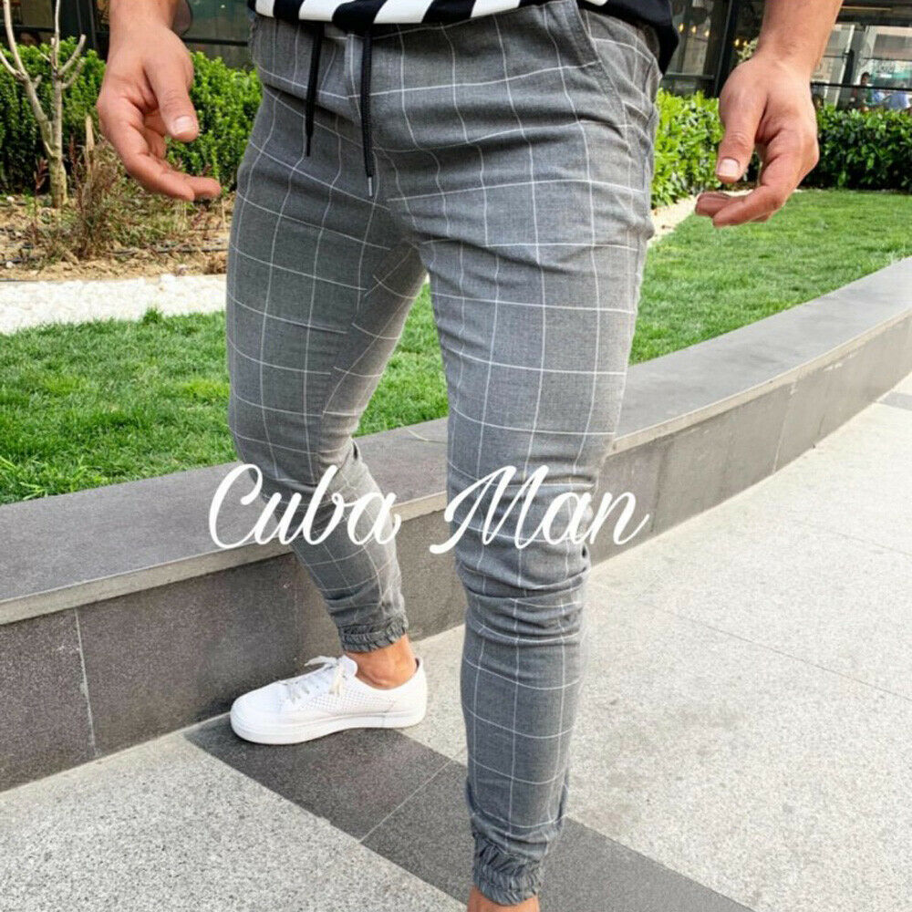 Pantalon de survêtement à carreaux pour homme, bas de jogging moulant, Streetwear, à la: M / GRIS