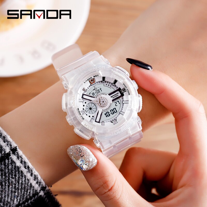 SANDA montre hommes et femmes montres transparentes étanche multi-fonction lumineux sport Double affichage Couple montre électronique