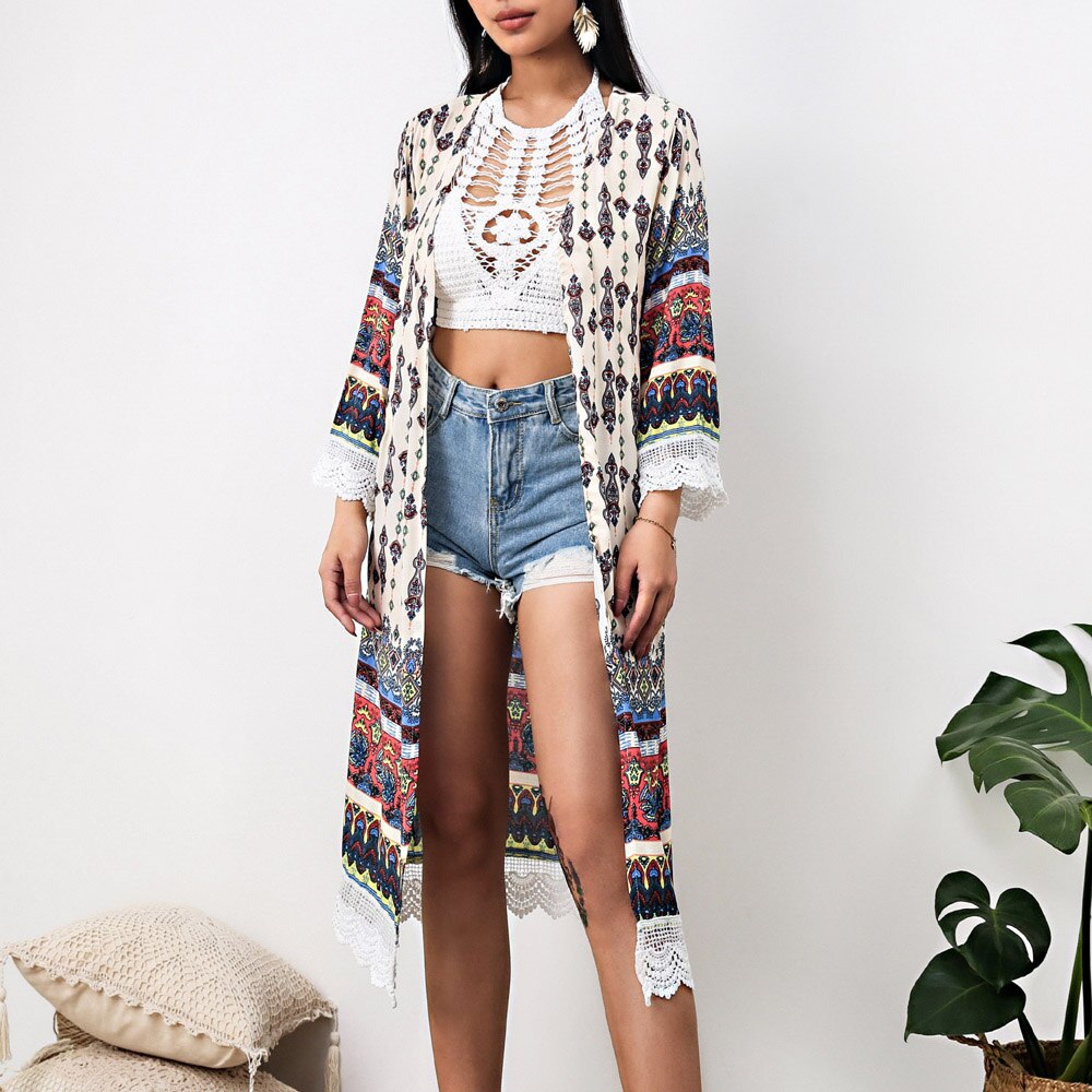Kimono largo con estampado entérico, cárdigan suelto con empalme de encaje, abrigo de verano, informal, ropa de playa, vacaciones, blusa de playa, ,: M