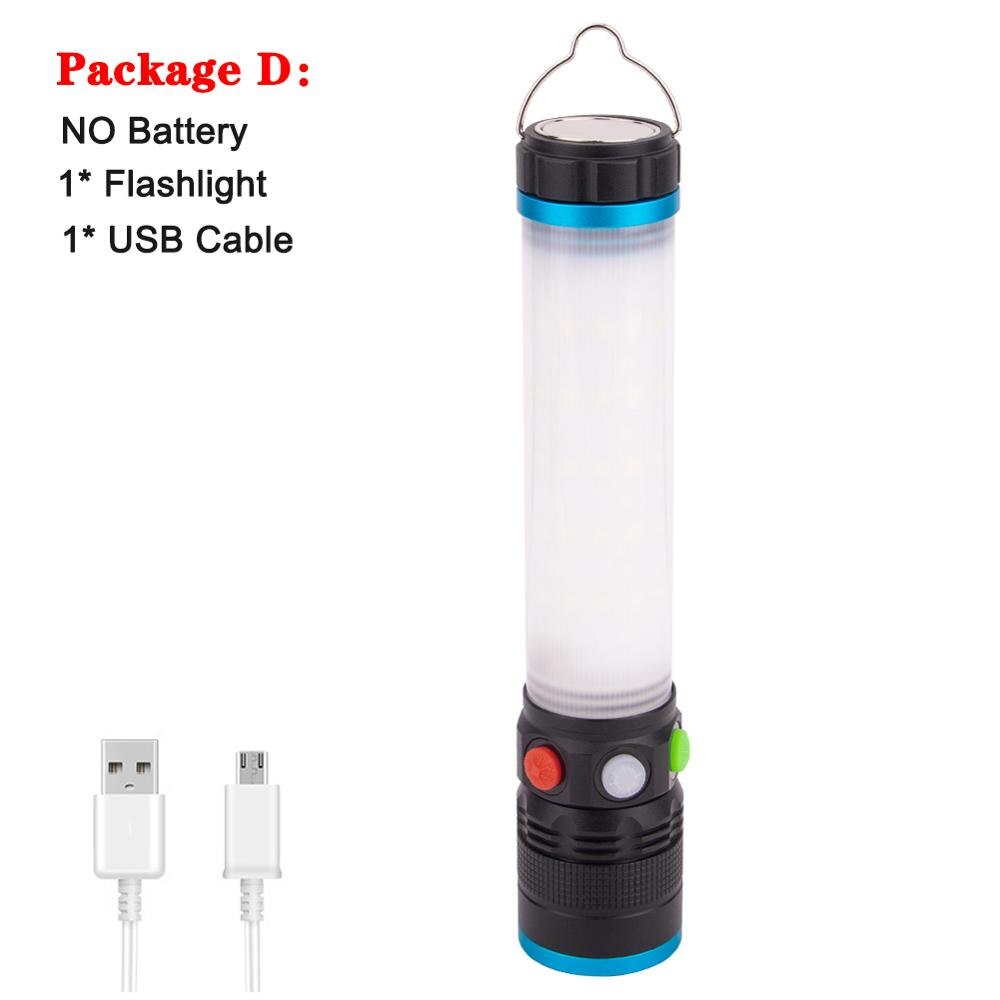 USB Rechargeable T6 LED Flashlight Work Light 8 modes Zoomable Power 18650 Torch With Hook Magnet For Camping Hiking Outdoor: Package D