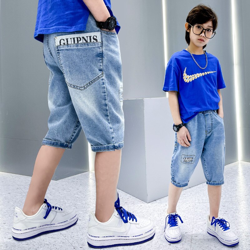 Summer Kids Jeans Teen Boys Clothes Children Denim Short Pants Elastic Waist Thin Shorts Children Letter Print Casual Pants