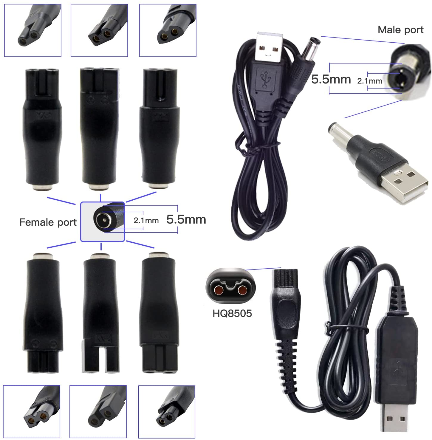 9 Pcs Vervanging Netsnoer 5V Lader Usb Adapter Geschikt Voor Alle Soorten Elektrische Tondeuse, baard Trimmers, Scheerapparaten
