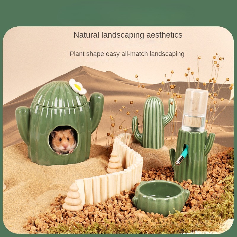 Cactus, nido de hámster, cuenco de cerámica, cuenco de comida, botella de agua, soporte para botella de agua, oso dorado, suministros para evitar el paisaje de la casa