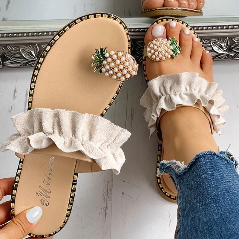 Sandales d&#39;été sans talon avec bague à l&#39;orteil, pour la plage, chaussures d&#39;extérieur pour femmes brillantes imitation cristal