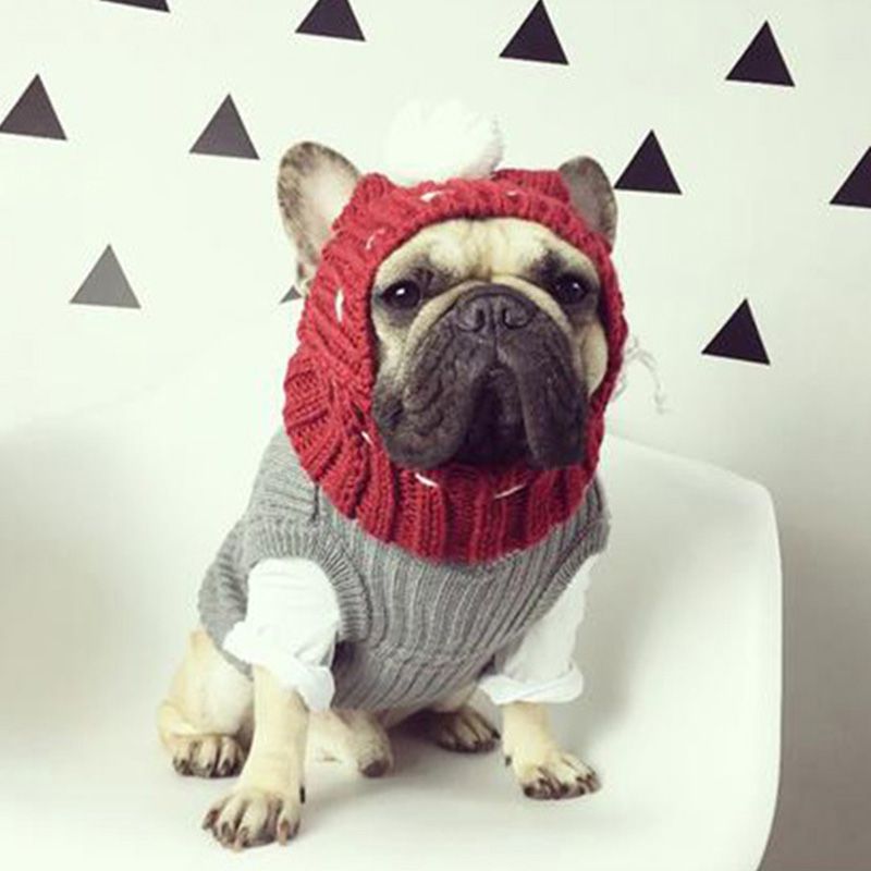 Hætter jul kæledyr hund hatte kostume hund tilbehør uld hvalp hat med kuglehovedbeklædning til små hunde fransk bulldog: Rød