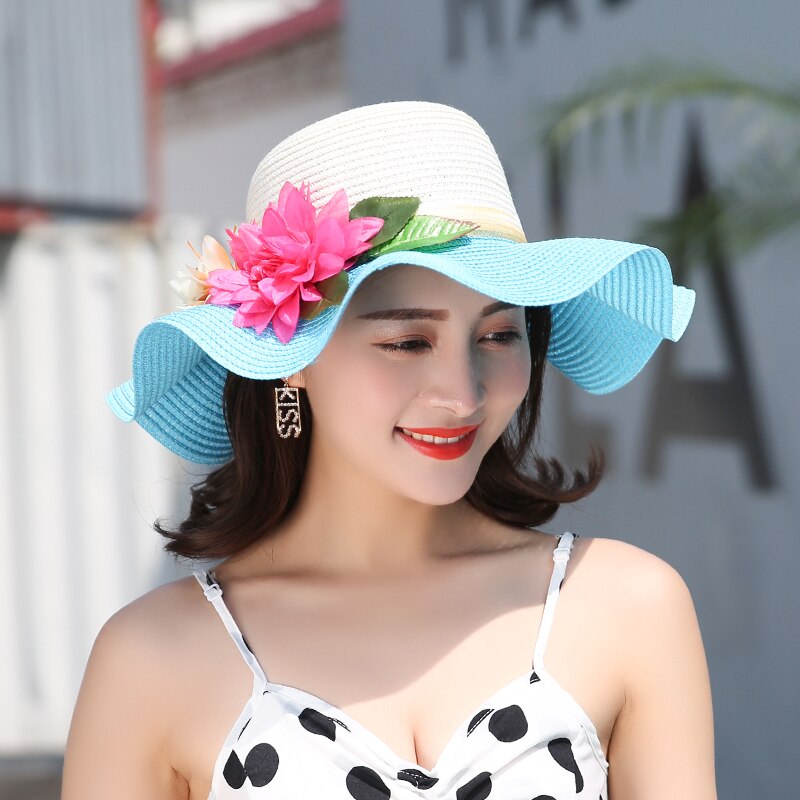 Sombrero de paja con flores para madre e hija, sombrero flexible de ala ancha para playa, verano,