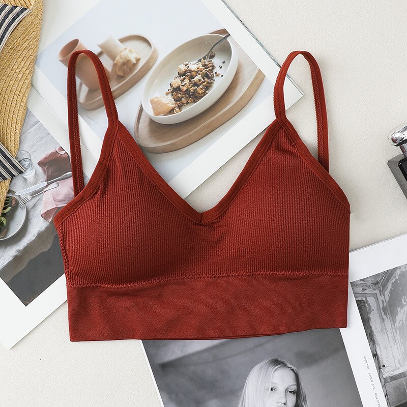 ATHVOTAR Women V-Neck Tube Top Bralette Soild Color Push Up Bra Padded Wireless Thin Shoulder Strap Top Bra Underwear: caramel
