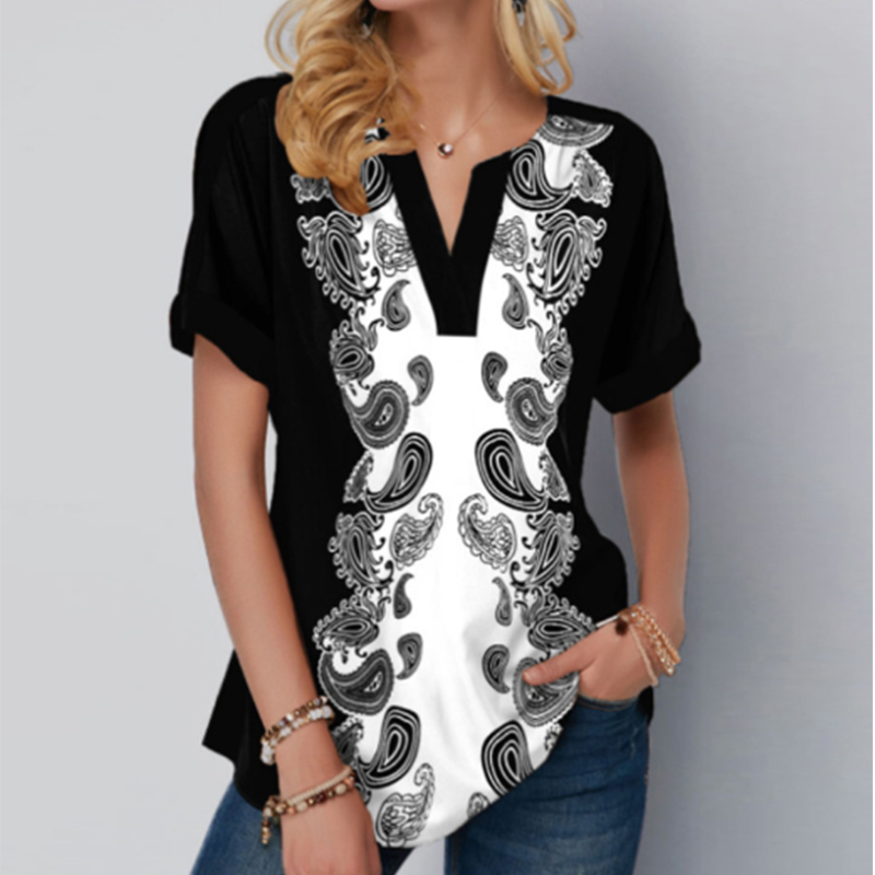 2022 Summer Street Hipster V-neck Personality Print Patchwork Short Sleeve Loose Casual T-shirt Top Women Oversized Tee: M / Light Purple